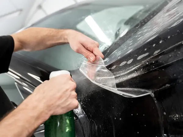 Мастер наносит защитную плёнку на край капота чёрного автомобиля с помощью раствора и ракеля